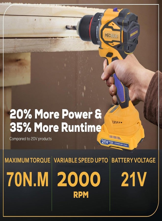 MECRAAF مثقاب لاسلكي بدون فرش من MECRAAF® | طقم مفكات براغي 21 فولت مع بطاريتين 1.5 أمبير/ساعة | عزم دوران 20+1 | ظرف بدون مفتاح 10 مم | أقصى عزم دوران 70 نيوتن متر | سرعتان | مصباح عمل LED | أصفر - Image 3